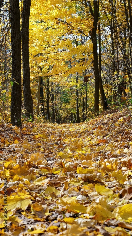 Golden autumn leaves blanket a tranquil forest path on a sunny day Golden autumn leaves blanket a tranquil forest path on a sunny day