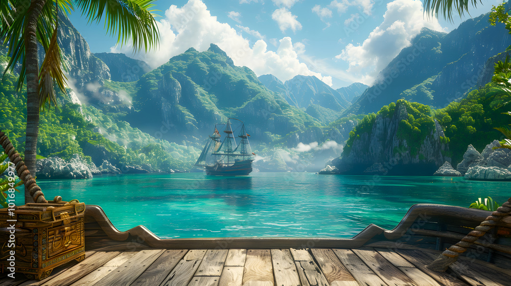Fototapeta premium A background view from a pirate ship's deck looking towards a tropical island with a hidden Corsair treasure chest, featuring a battleship with a skull and crossbones flag