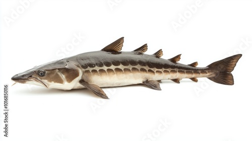 Atlantic Sturgeon exhibits its distinct body shape and patterns against a white background. The species plays an important role in aquatic ecosystems and conservation efforts.