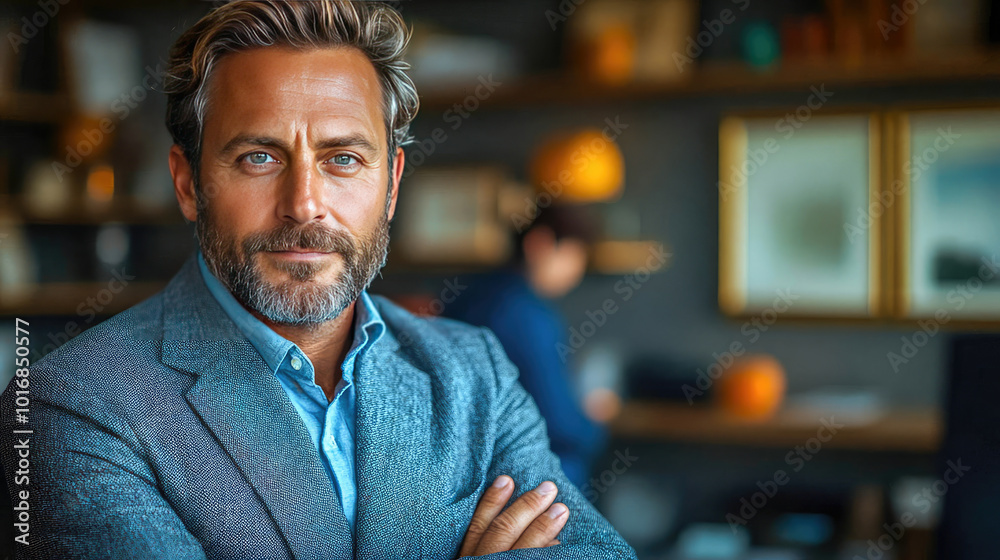 Fototapeta premium Portrait of a confident businessman with a gray beard in a suit, arms crossed, standing in an office environment, exuding leadership and professionalism