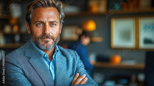 Portrait of a confident businessman with a gray beard in a suit, arms crossed, standing in an office environment, exuding leadership and professionalism