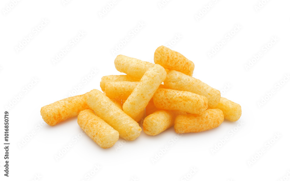 Cheesy corn puffs, crunchy snack isolated on white background