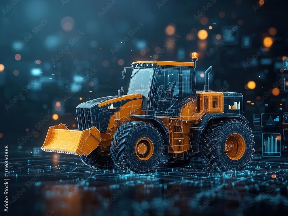 Loader equipped with real-time terrain sensing technology, operating on rugged terrain, Terrain-sensing loader, Innovative, rugged, efficient