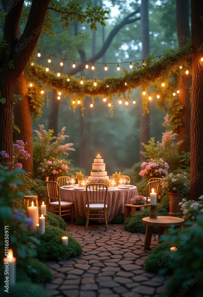 Obraz premium A magical outdoor dining setup in a forest, adorned with fairy lights and surrounded by lush greenery, perfect for intimate celebrations and romantic occasions.