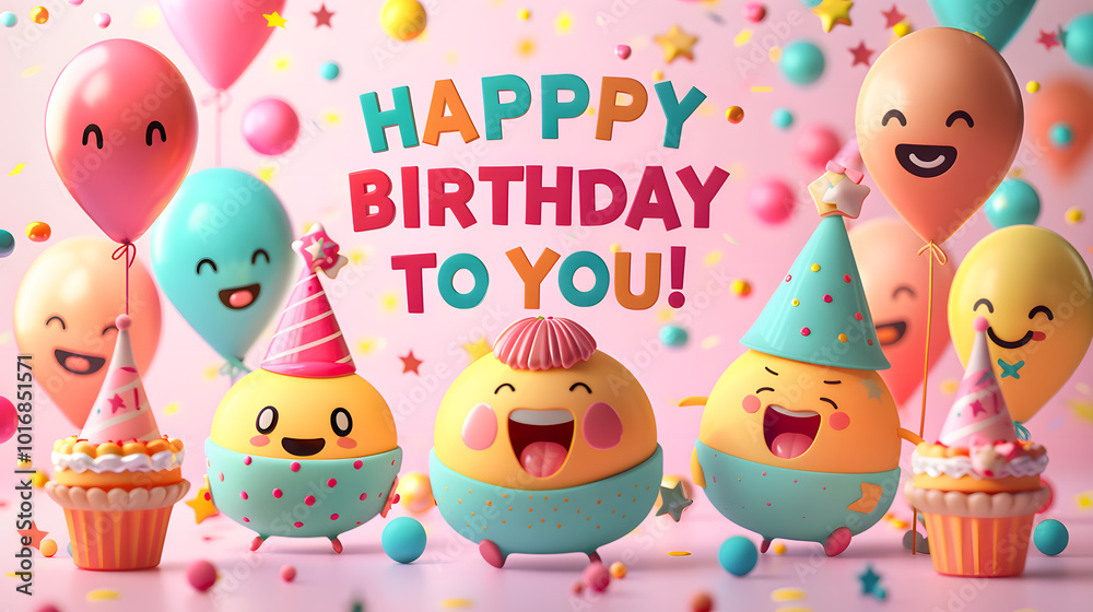Obraz premium A group of smiling emoji wearing party hats, with the text 