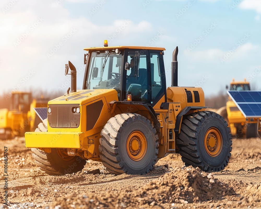 Electric-powered loader working on a renewable energy construction site, lifting solar panels, Electric loader for renewable projects, Eco-friendly, modern, efficient Electric-powered loader working on a renewable energy construction site, lifting solar panels, Electric loader for renewable projects, Eco-friendly, modern, efficient
