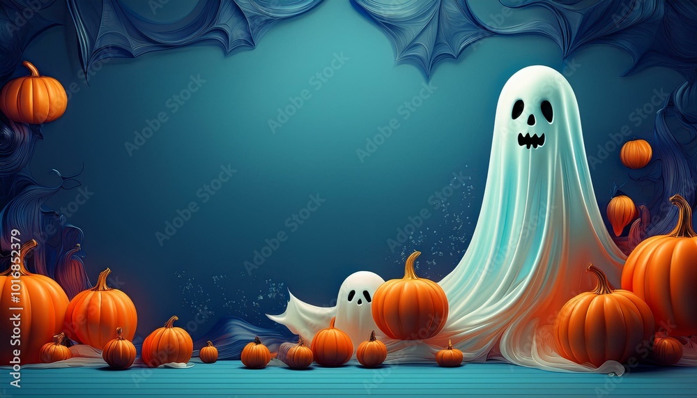 Spooky Halloween Scene with Playful Ghosts and Pumpkins Illustration Spooky Halloween Scene with Playful Ghosts and Pumpkins Illustration