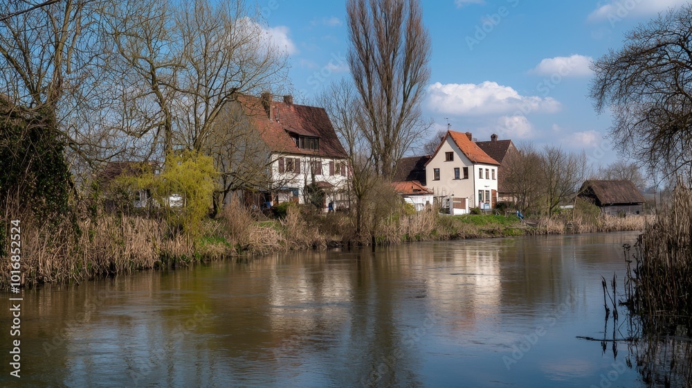 Tranquil riverside view at midday with charming houses and lush greenery in springtime Tranquil riverside view at midday with charming houses and lush greenery in springtime
