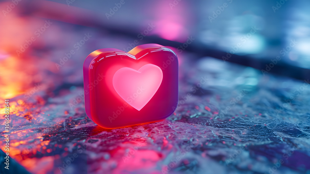 Fototapeta premium 3d social media notification neon light like heart icon in red speech bubble pin isolated 