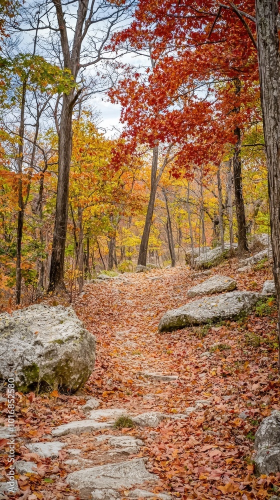 A tranquil autumn pathway through the vibrant forest of colorful leaves and rocky terrain A tranquil autumn pathway through the vibrant forest of colorful leaves and rocky terrain