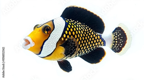 Clown Triggerfish displays its bright yellow black and white patterns as it swims highlighting its striking appearance against a clean white setting. photo