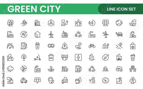 Line icons about green city. Sustainable development. Contains such icons as renewable energy, autonomous building, air and water quality.