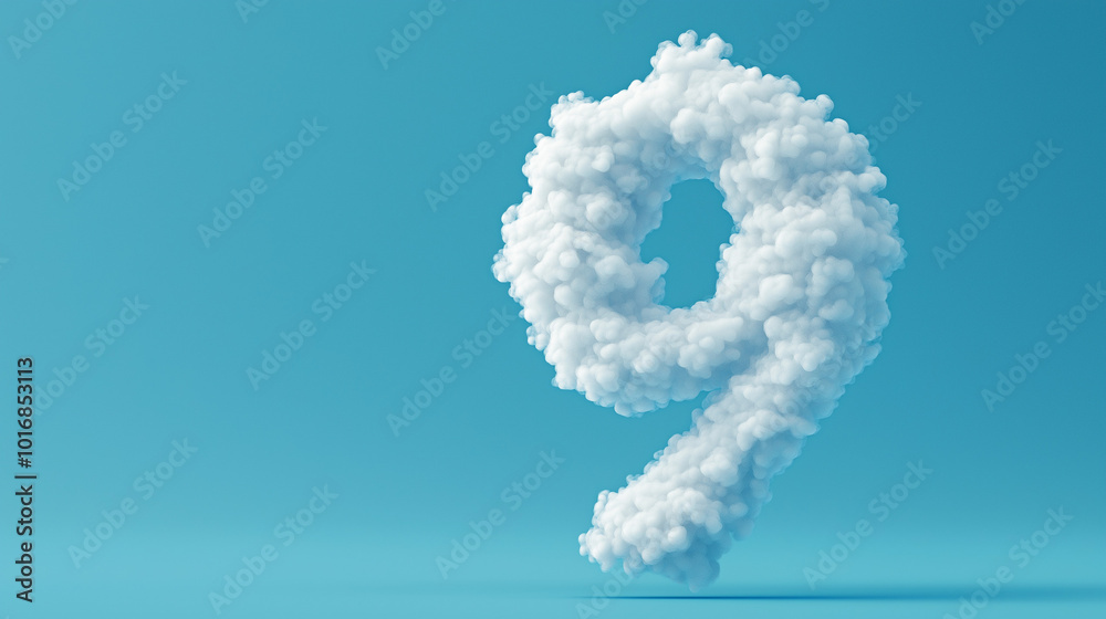 A whimsical cloud-shaped number nine floats against a clear blue background creating a playful atmosphere A whimsical cloud-shaped number nine floats against a clear blue background creating a playful atmosphere