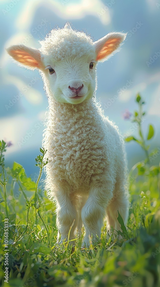 Obraz premium Adorable Baby Lamb in Sunlit Green Meadow with Copy Space, Dreamy Nature Scene