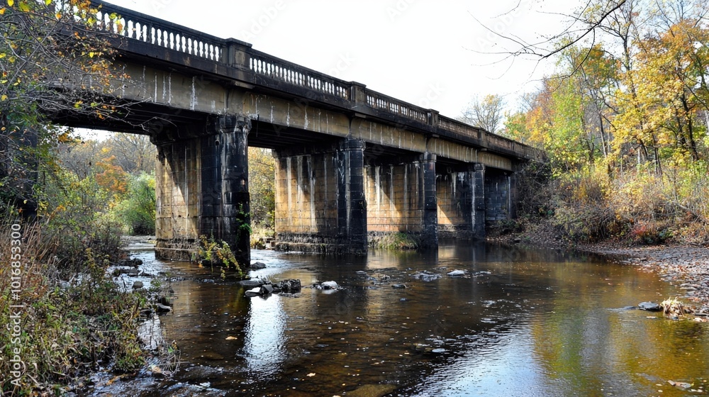 A tranquil autumn afternoon under an old stone bridge with a flowing stream A tranquil autumn afternoon under an old stone bridge with a flowing stream