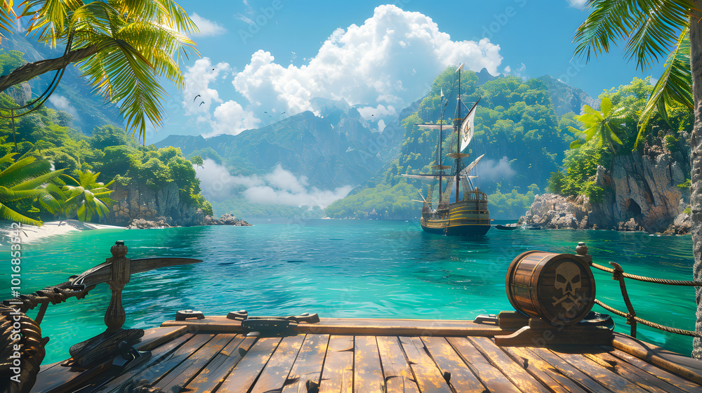 Fototapeta premium A background view from a pirate ship's deck looking towards a tropical island with a hidden Corsair treasure chest, featuring a battleship with a skull and crossbones flag