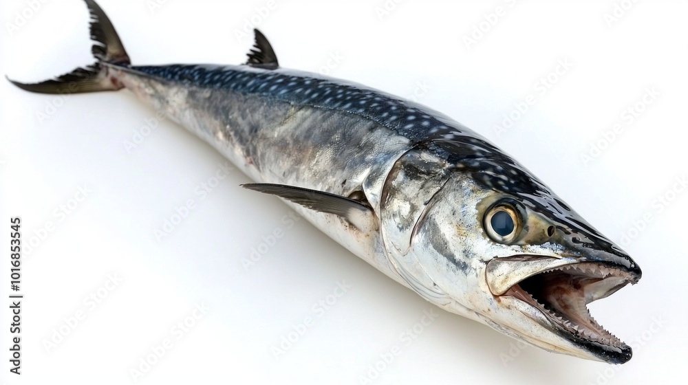 shot features a King Mackerel resting on a white background highlighting its elongated body and distinctive markings. The fish exemplifies a key species found in Atlantic waters. shot features a King Mackerel resting on a white background highlighting its elongated body and distinctive markings. The fish exemplifies a key species found in Atlantic waters.