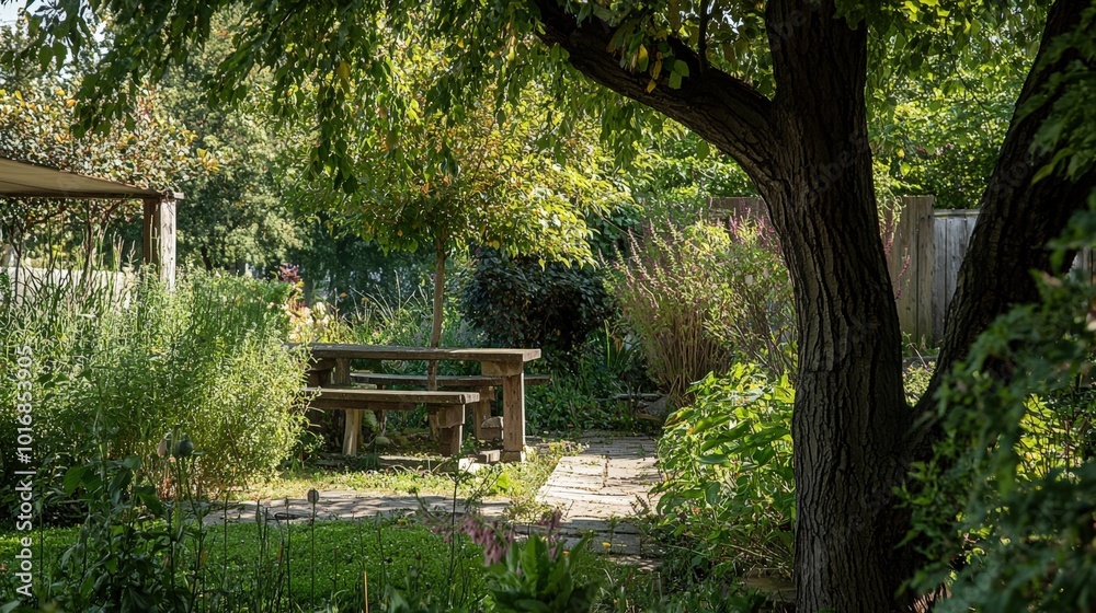 A peaceful garden oasis featuring a rustic wooden table surrounded by lush greenery A peaceful garden oasis featuring a rustic wooden table surrounded by lush greenery
