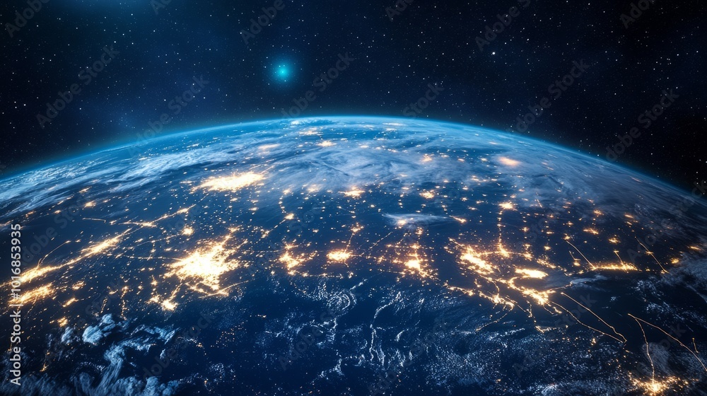 Obraz premium Digital network of Earth from space, showing light trails connecting countries and cities. generative ai