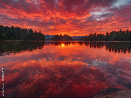 A bright red sunset with intense colors spreading across the sky, reflecting off the surface of a calm lake, creating a mirror-like effect 