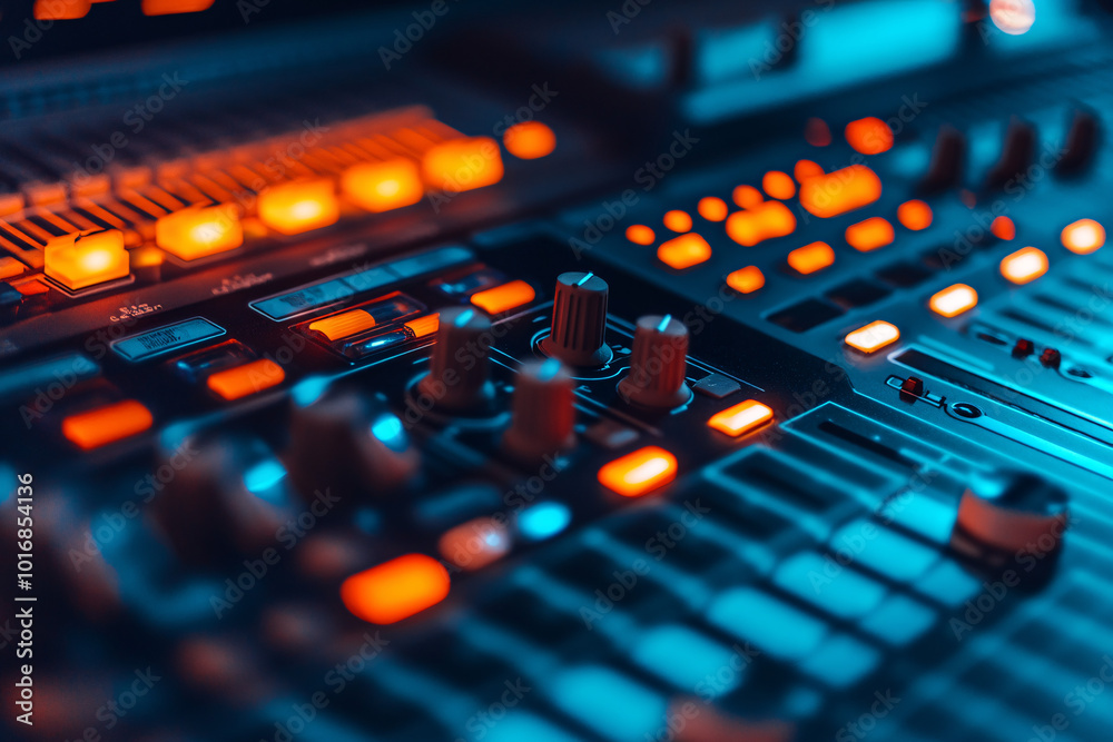 A close-up view of a glowing audio mixing console with illuminated buttons, knobs, and sliders, creating a vibrant, techy atmosphere
A close-up view of a glowing audio mixing console with illuminated buttons, knobs, and sliders, creating a vibrant, techy atmosphere
