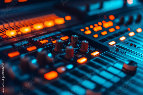 A close-up view of a glowing audio mixing console with illuminated buttons, knobs, and sliders, creating a vibrant, techy atmosphere 