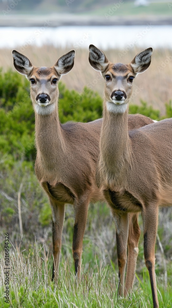 Two graceful deer standing side by side in a meadow near a calm lake during daylight hours Two graceful deer standing side by side in a meadow near a calm lake during daylight hours