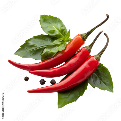 Red chili peppers and fresh basil leaves on a white background