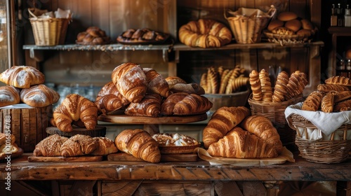 Rustic Bakery Display: Warm Croissants and Breads on Wooden Table for Cozy Autumn Decor