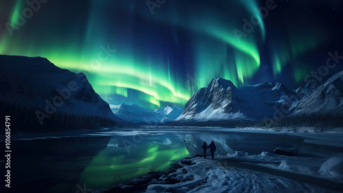 High angle side view photo of a frozen lake in the valley, at night.