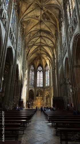 Light filters through stained glass in a grand Gothic cathedral at dusk