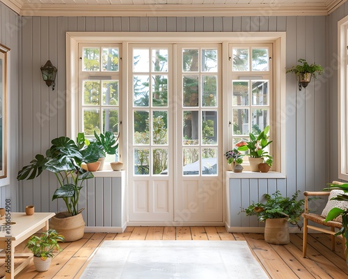 Wooden walls in sunroom, white French doors, light grey paneling, cream window frames, plants, coffee table near entrance, front door view.