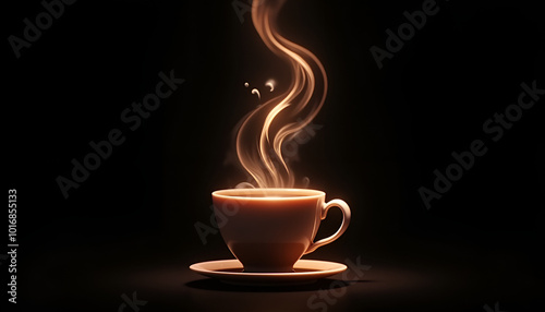 Steaming cup of coffee with captivating steam on a dark background