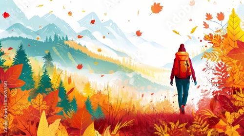 Woman hiking on forest trail surrounded by vibrant autumn foliage in nature s embrace