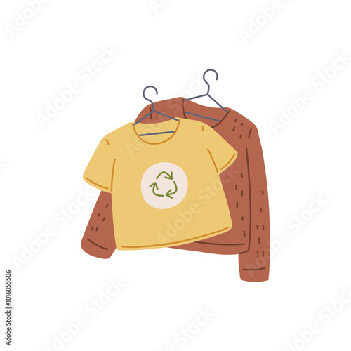 Vector illustration showing sustainable fashion with clothes for recycling and ethical consumption.