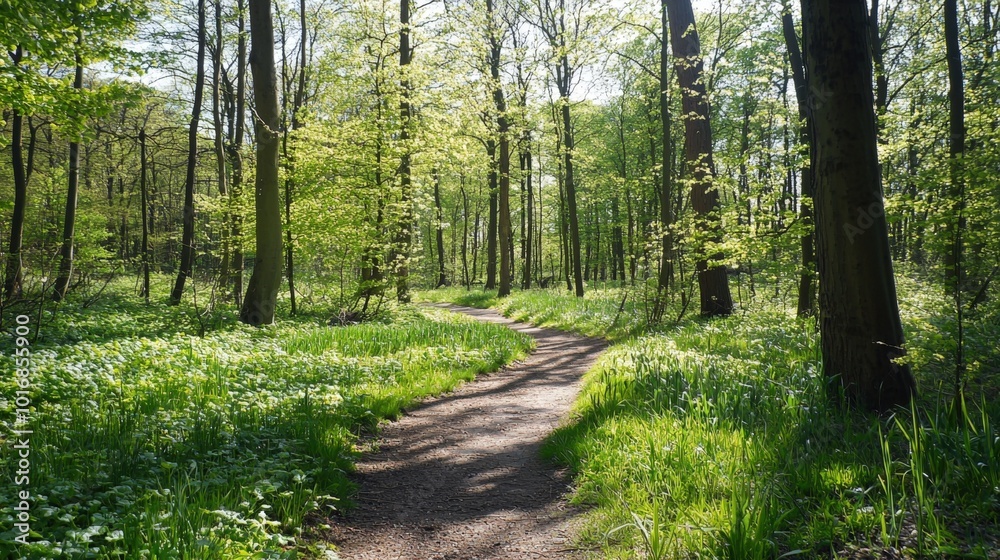 Serene winding path through lush green forest under bright sunlight in early spring Serene winding path through lush green forest under bright sunlight in early spring