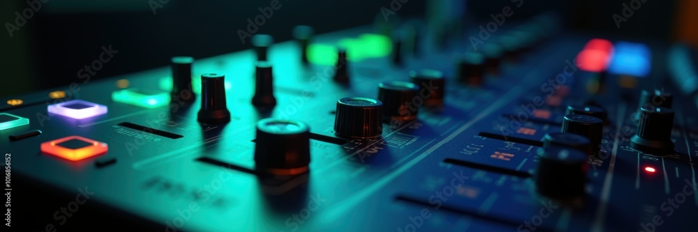 A close-up of a music mixing console showcasing vibrant LED lights and knobs, perfect for representing music production and audio engineering. A close-up of a music mixing console showcasing vibrant LED lights and knobs, perfect for representing music production and audio engineering.