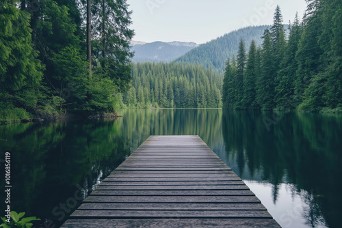 A wooden pier sits in front of a lake, with trees in the background