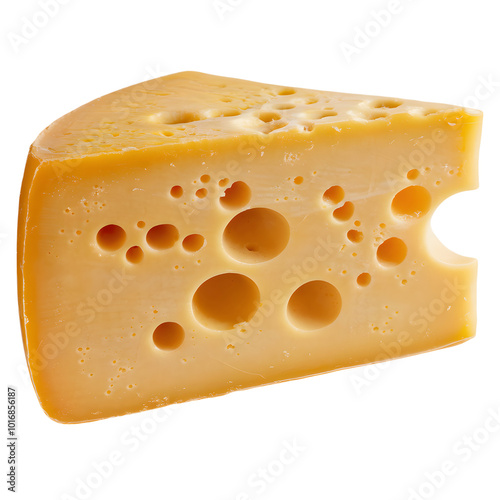 Wedge of yellow cheese with holes on a plain white background photo