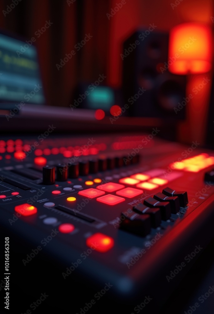 Close-up of a professional audio mixer with vibrant lights, ideal for promoting music production, recording studios, or sound engineering. Close-up of a professional audio mixer with vibrant lights, ideal for promoting music production, recording studios, or sound engineering.