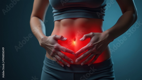 Woman holding her hands on the stomach, pain in the lower abdomen, problems with women's health