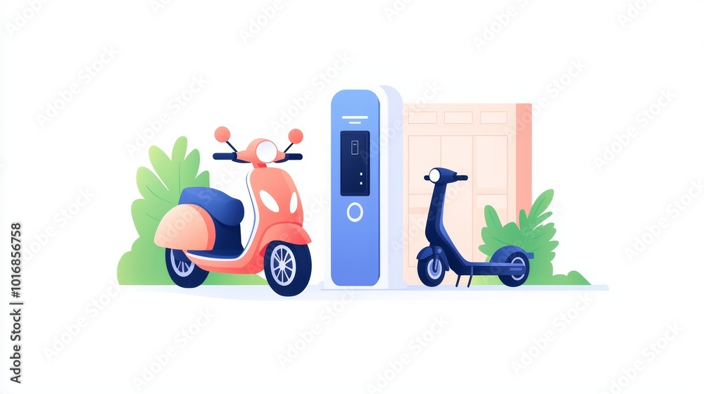 Colorful electric scooters parked next to a charging station in an urban setting.