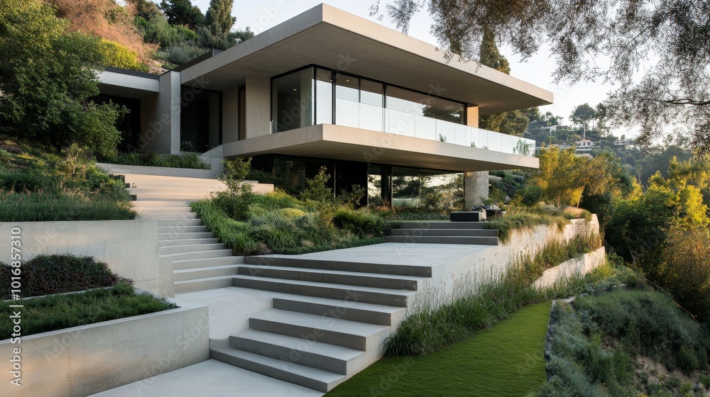 Modern House With Concrete Outdoor Stairs And Natural Landscape Modern House With Concrete Outdoor Stairs And Natural Landscape