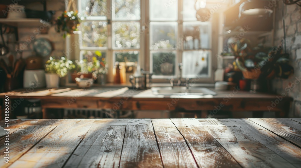 Wooden table top with blurred kitchen background for cooking inspiration and home decor Wooden table top with blurred kitchen background for cooking inspiration and home decor