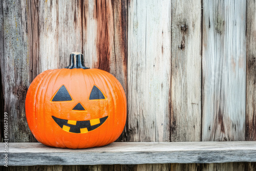 A carved pumpkin with a smiley face on it sits on a wooden shelf. The pumpkin is orange and has a black face with two eyes and a mouth. Concept of Halloween and the festive spirit of the season