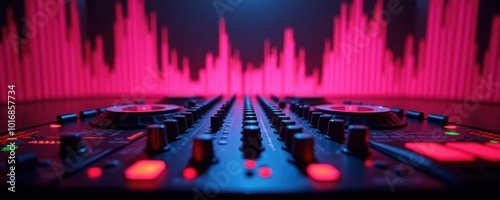 Vibrant close-up of a DJ mixer with pulsating sound waves in the background, perfect for music, nightlife, or event promotion. photo