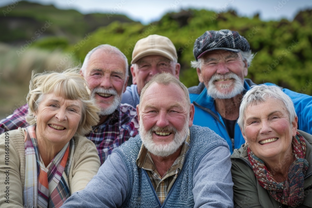 Group of happy senior friends having fun outdoors - Four pensioners bonding together Group of happy senior friends having fun outdoors - Four pensioners bonding together