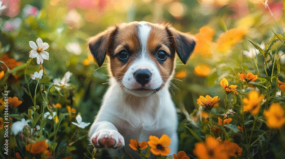 Adorable Puppy with Big Paws Frolicking in Lush Garden, Space for Text Beside Adorable Puppy with Big Paws Frolicking in Lush Garden, Space for Text Beside