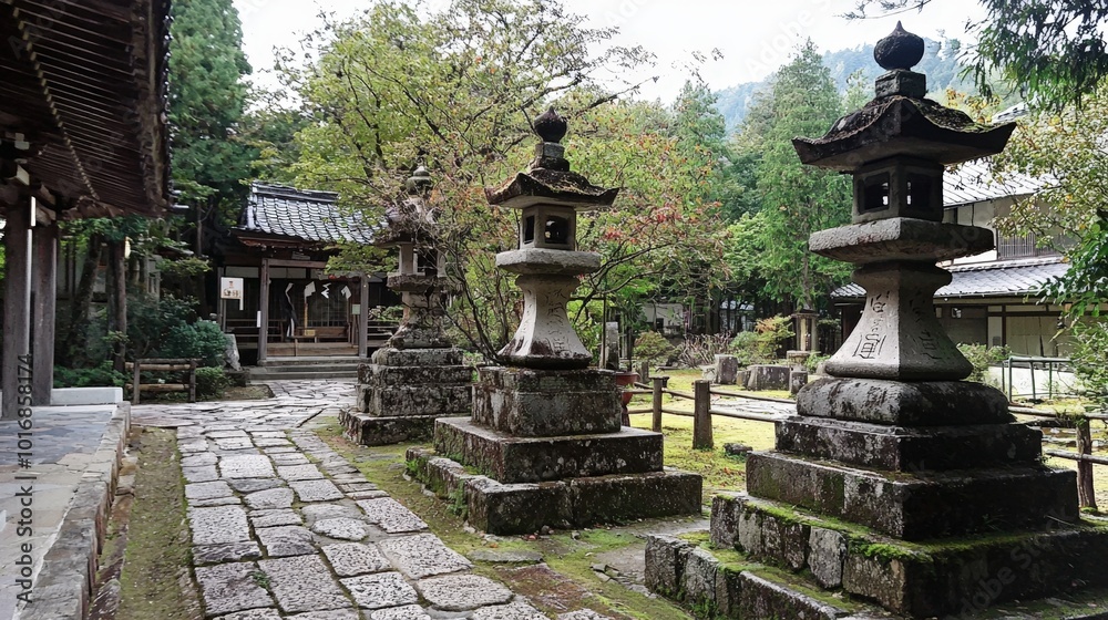 Serene temple pathway adorned with ancient stone lanterns in a tranquil garden setting Serene temple pathway adorned with ancient stone lanterns in a tranquil garden setting