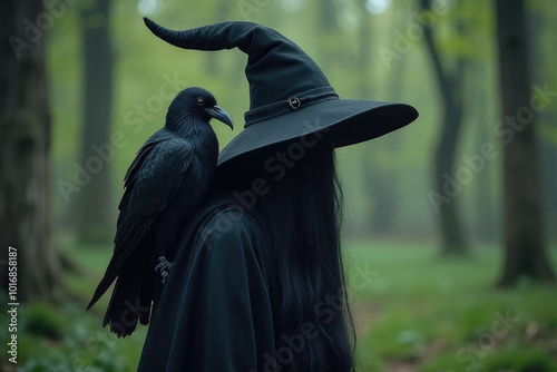 A mysterious witch with a crow perched on her shoulder, emitting an aura of magic and mystique in a dark and enchanting setting